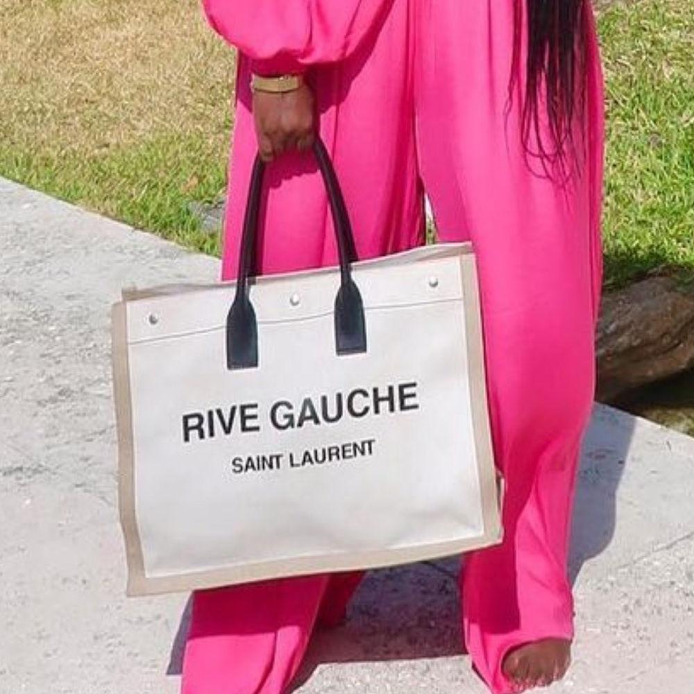 SAINT LAURENT
Linen Calfskin Rive Gauche Tote Optic White